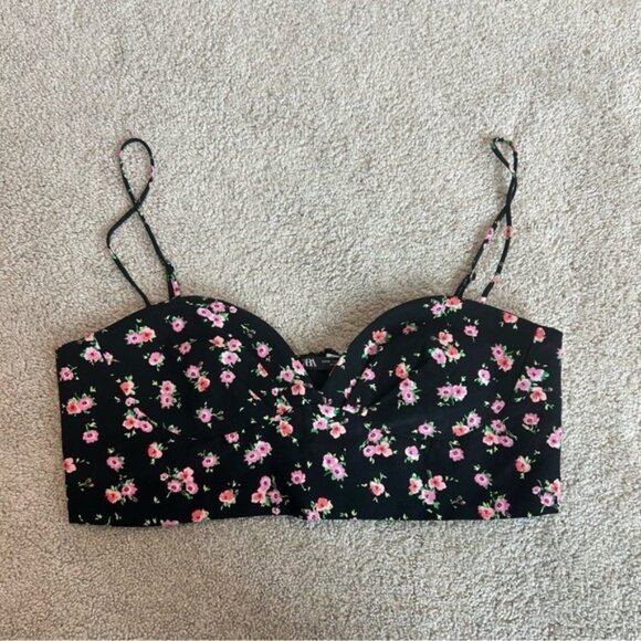 Zara black pink floral flower sweetheart spaghetti strap bustier crop top Sz XL - Picture 3 of 8